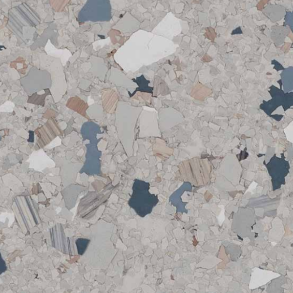 Acadia marble flake epoxy blend — beige, blue, and wood-tone flakes