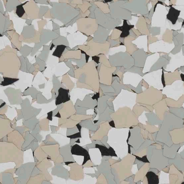 Cabin Fever flake epoxy blend — beige, sage, white, and black flakes
