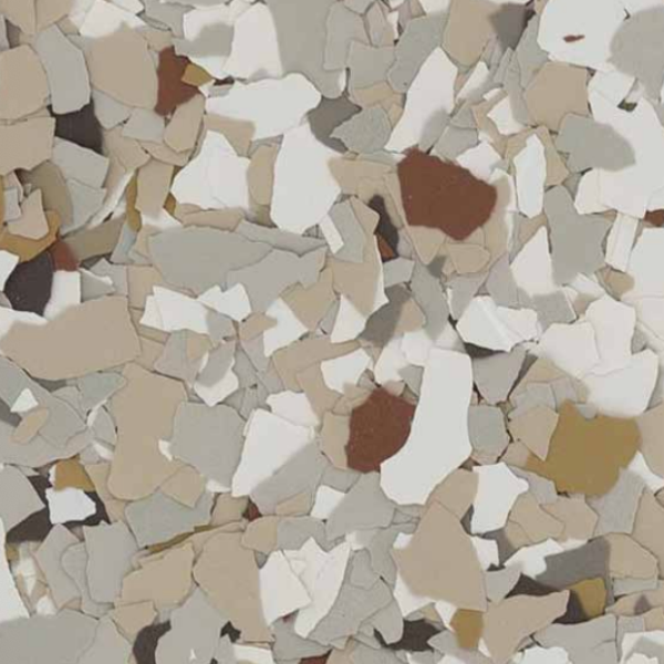 Creekbed flake epoxy blend — tan, cream, gray, and brown flakes
