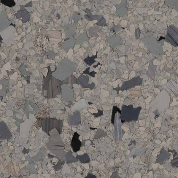 Denali marble flake epoxy blend — sage, gray, and taupe stone-look flakes