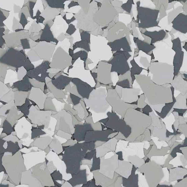 Gravel flake epoxy blend — white, light gray, and charcoal flakes