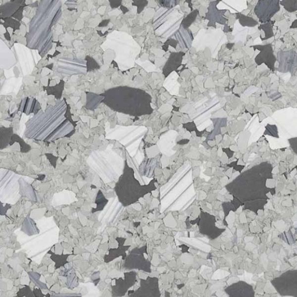 Husky marble flake epoxy blend — gray, white, and charcoal striated flakes