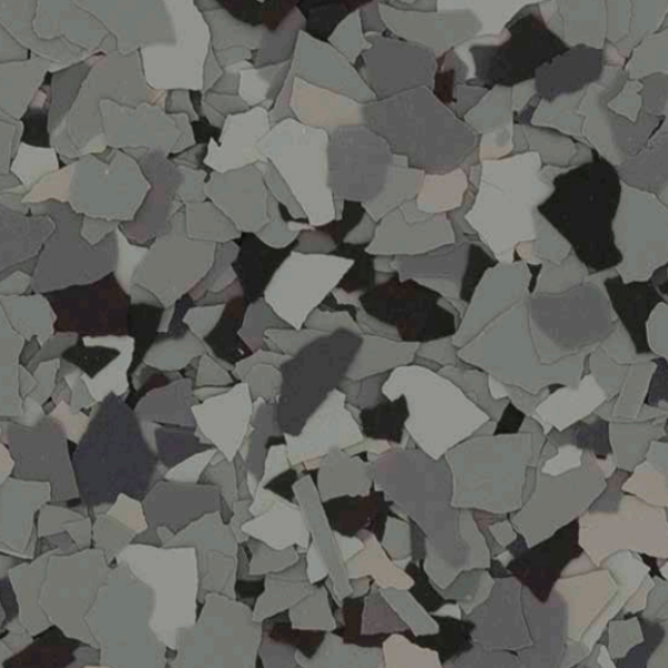 Nightfall flake epoxy blend — dark gray, charcoal, and black flakes