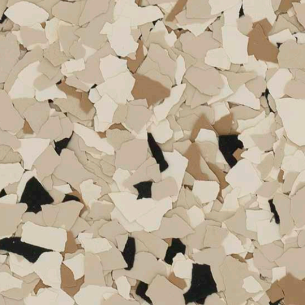 Shoreline flake epoxy blend — sand, cream, tan, and black flakes