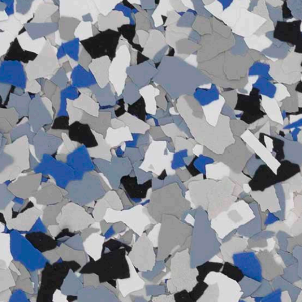 Steamboat flake epoxy blend — blue, black, gray, and white flakes