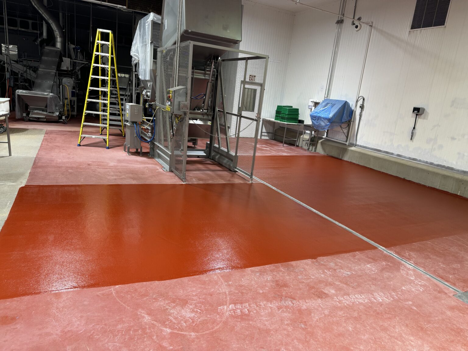 Freshly installed urethane cement flooring in a food processing facility