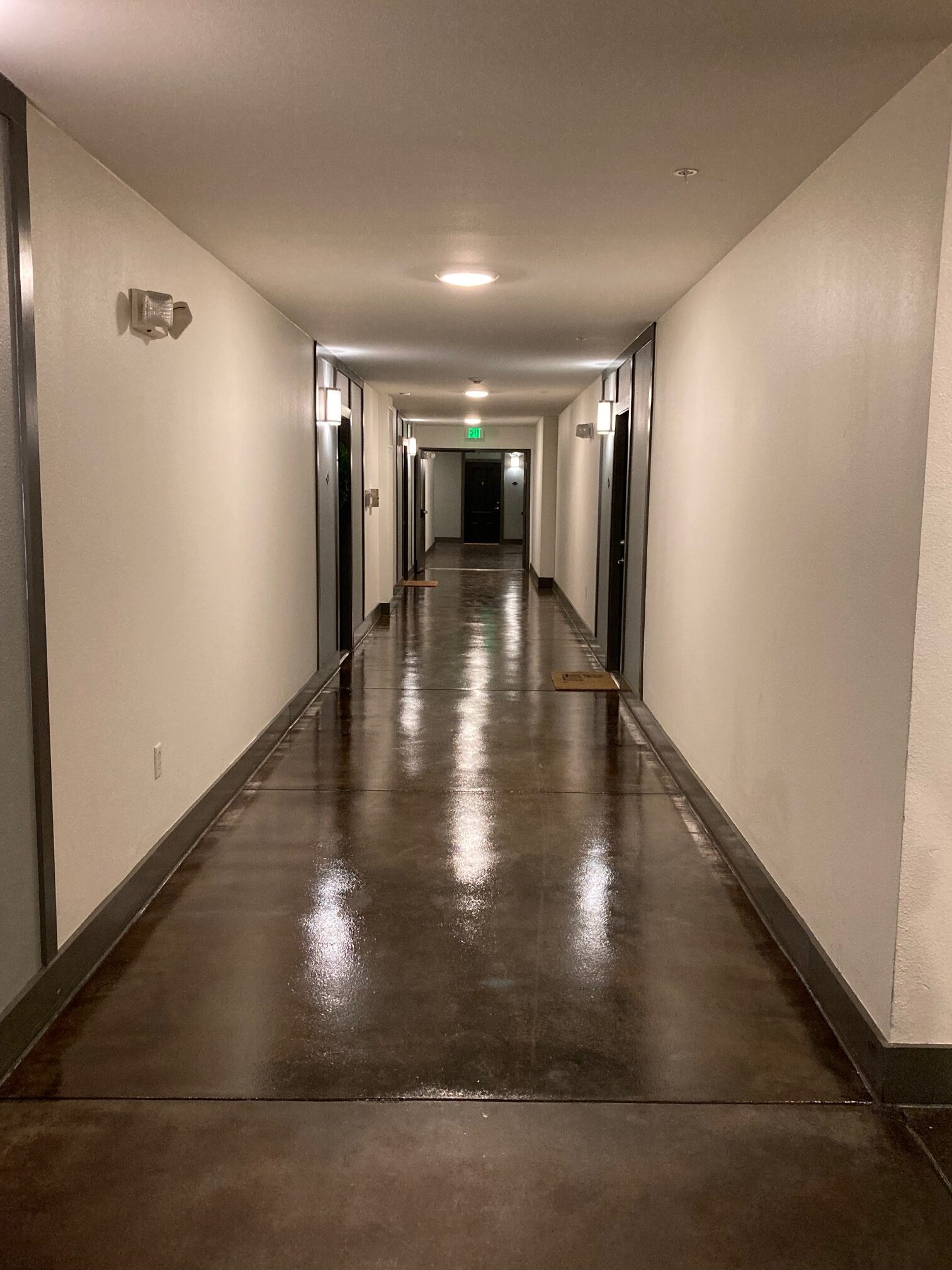A polished concrete hallway with doors on either side.